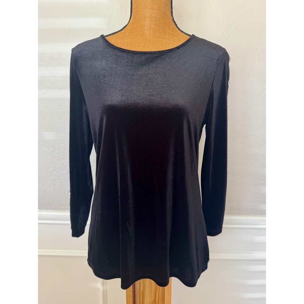 Cable & Gauge Womens Black Velvet Rhinestone Slit Long Sleeve Top Blouse Large
